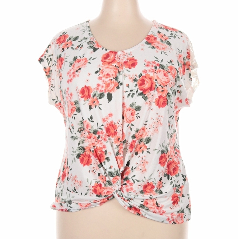 BOBBIE BROOKS  Orange Floral Knot-Front & Crocheted Tee